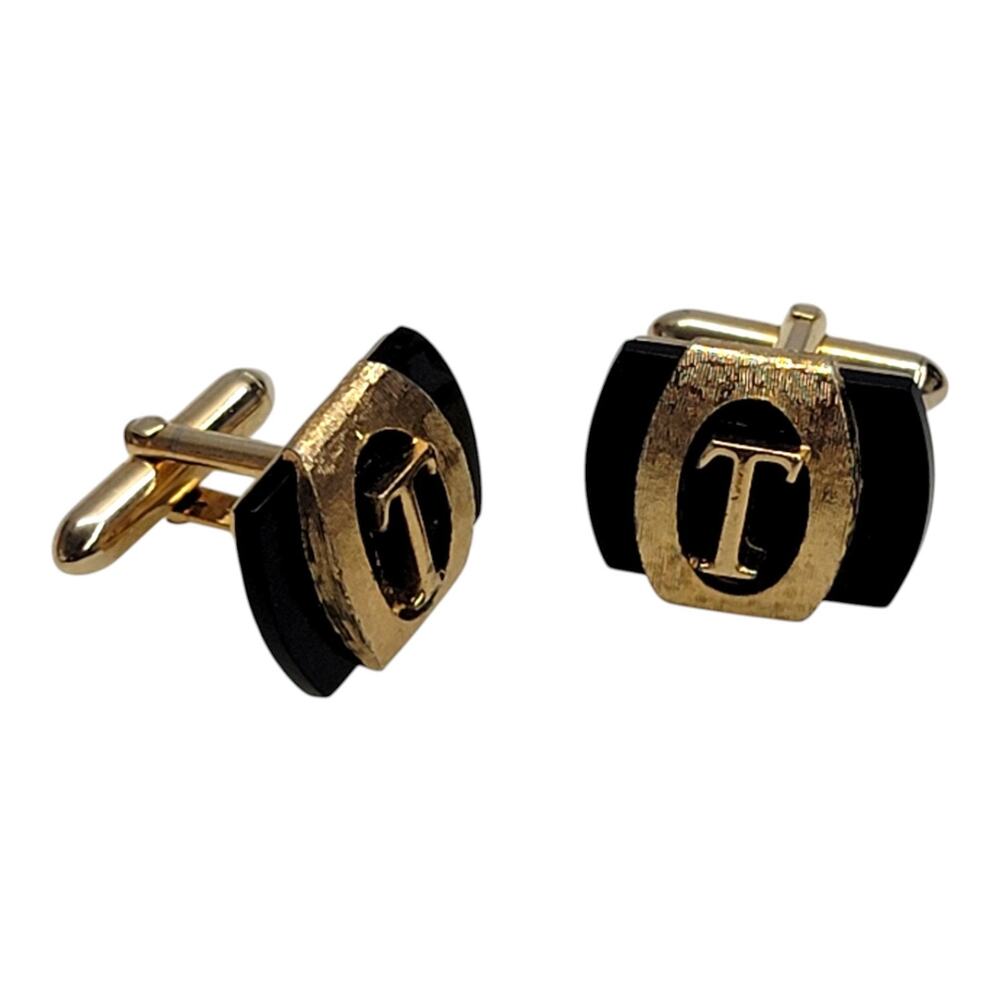 Vintage Swank Initial T Cufflinks Gold Tone Black Monogram Mid Century Mens